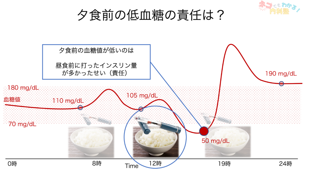 夕食前低血糖の責任インスリンは昼食前の超速効型インスリン